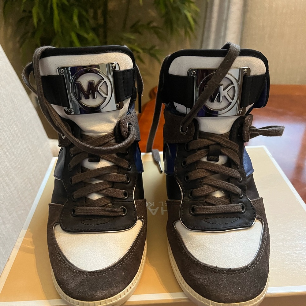 Michael Kors high top sneakers .  Good condition . Size 8 . Grey. Blue &black
